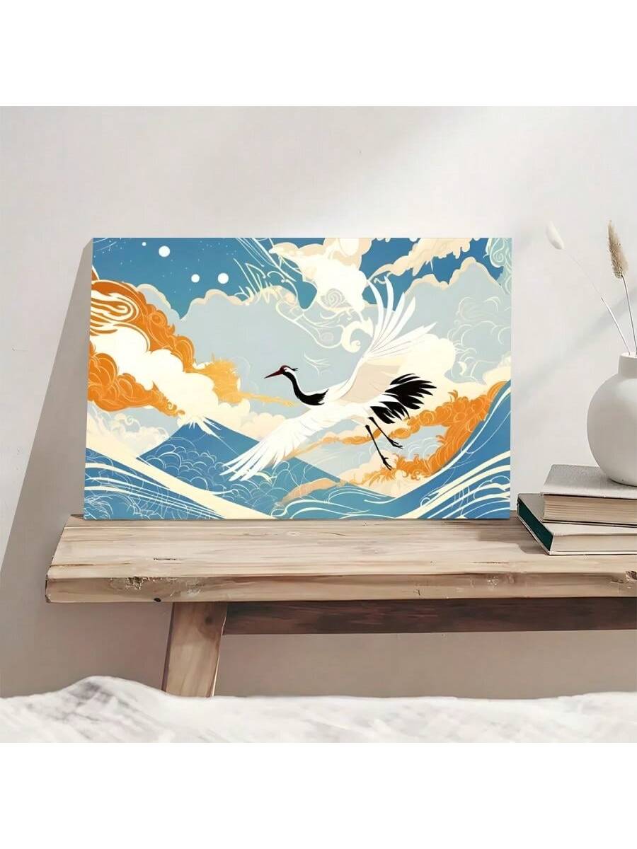 Enhance the ambiance of any room with this elegant framed canvas wall art featuring white cranes soaring over sea waves and clouds. This beautiful Oriental decor adds a touch of serenity and tranquility to your space. Made with high-quality materials, it is the perfect addition to your home.
