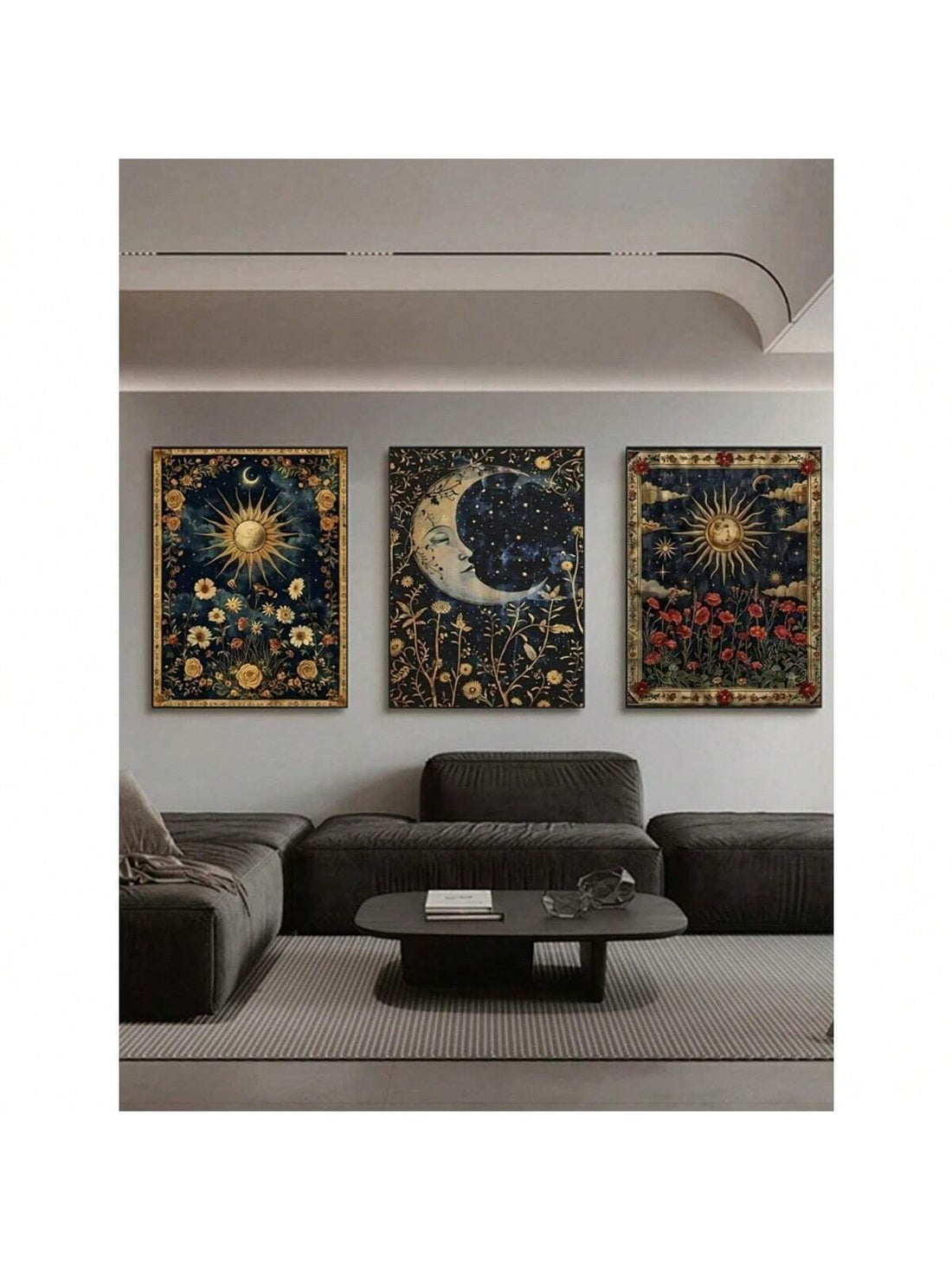 Elevate your living space with this striking canvas wall art featuring a vintage crescent moon paired with delicate botanical elements. The sophisticated design blends celestial and natural motifs, creating a captivating focal point that complements modern, eclectic, and transitional interiors.