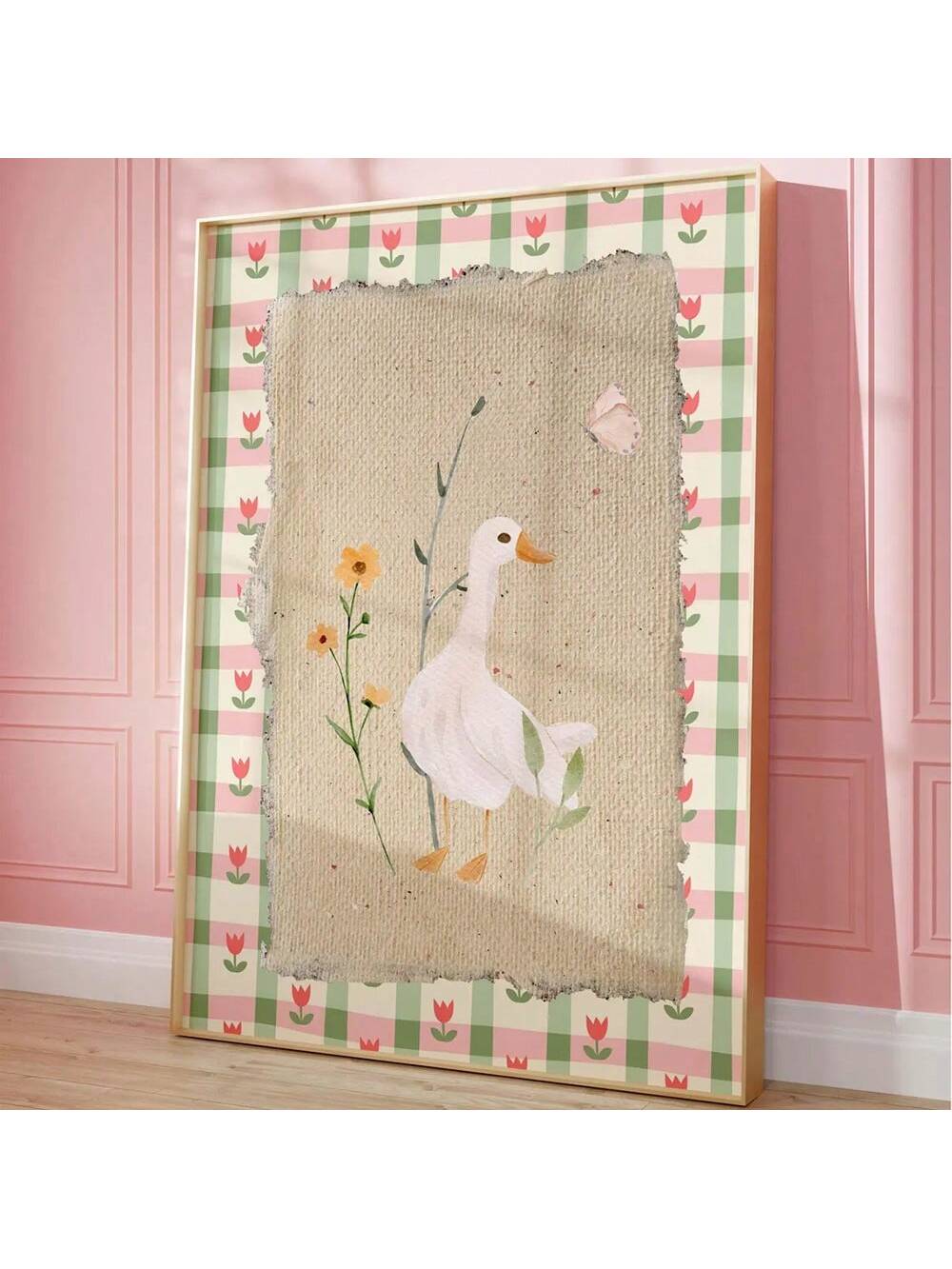 Add a touch of whimsy to your child's room with this charming unframed vintage floral canvas poster featuring a playful silly goose. Perfectly blending cottagecore aesthetics with farm animal art, this piece brings warmth and nostalgia to any space. Its delicate floral details and soft color palette create a soothing environment, ideal for inspiring imagination and comfort. Easy to frame and display, this poster is a delightful addition to kids' decor that combines timeless charm with expert design.