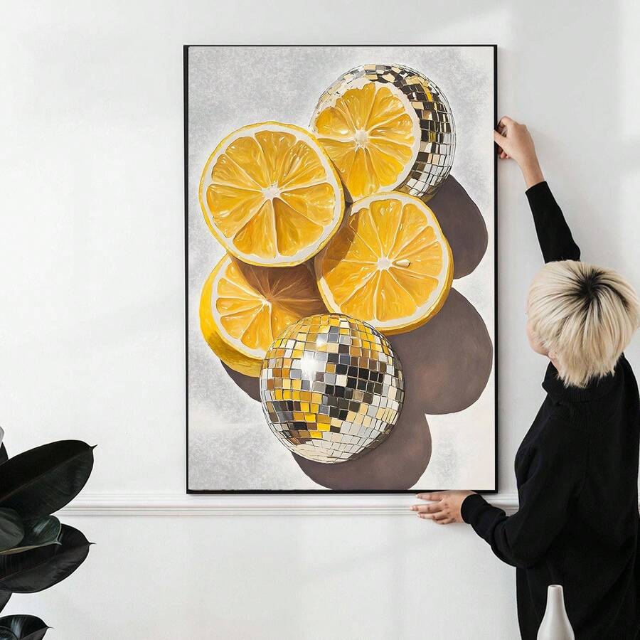 Disco Lemon Canvas Wall Art Maximalist Fruit Poster Kitchen Decor