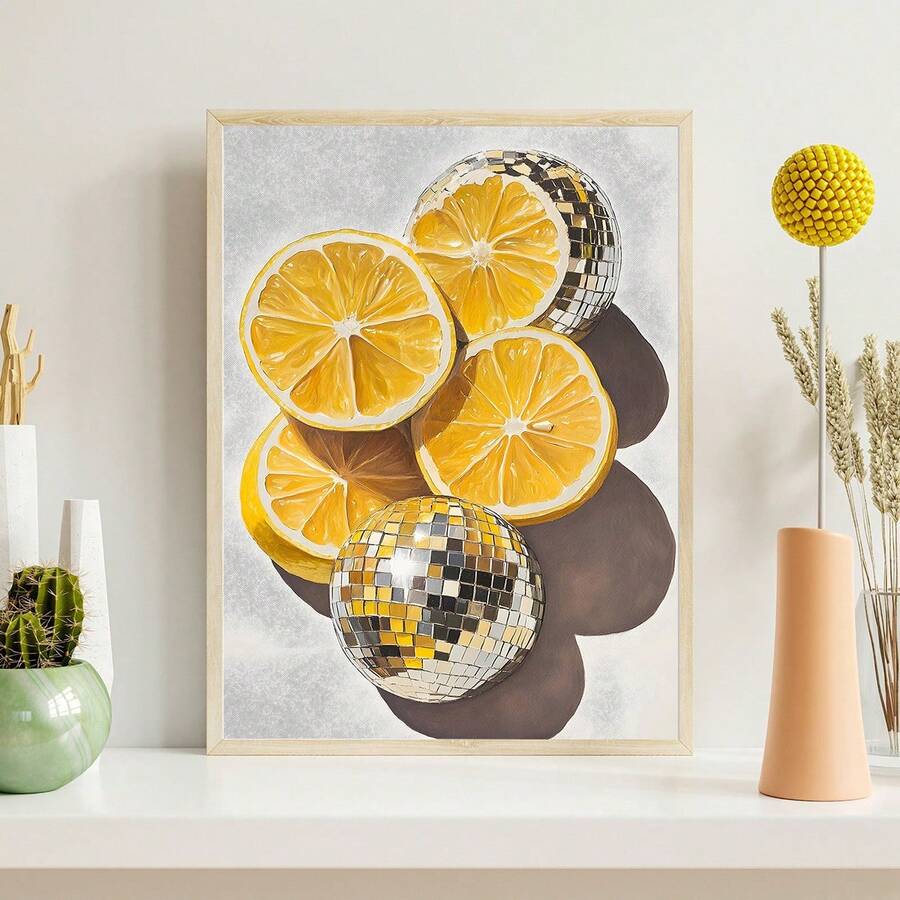Disco Lemon Canvas Wall Art Maximalist Fruit Poster Kitchen Decor