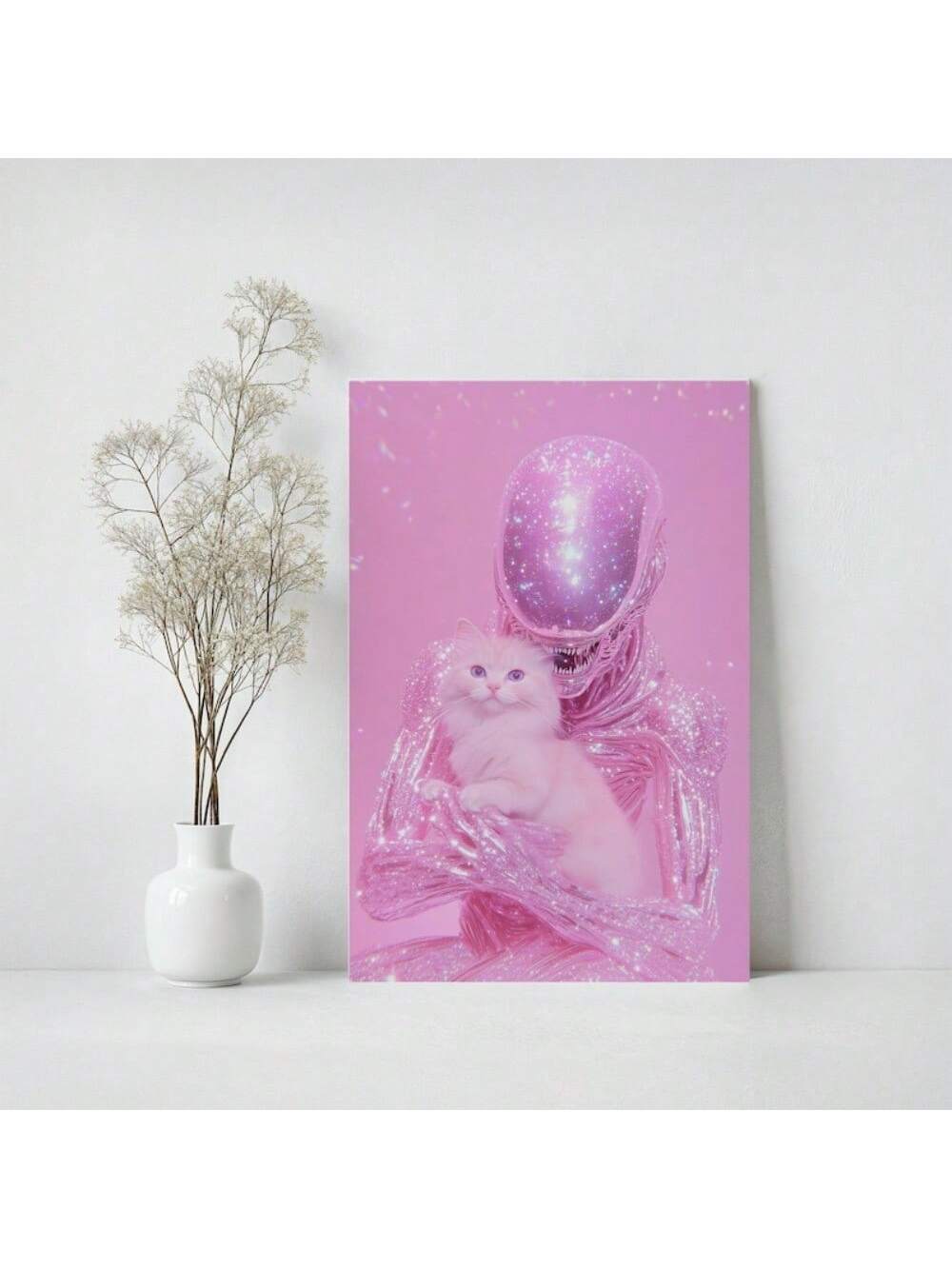 Elevate your space with this Pink Sparkle Futuristic Cat &amp; Alien Canva Poster, a distinctive blend of whimsical and modern design. Perfect for home, living rooms, bars, cafés, or offices, this unique wall art injects personality and a touch of cosmic charm. Its vibrant pink sparkle highlights futuristic elements, creating a captivating visual that complements diverse décor styles while sparking conversation and imagination.