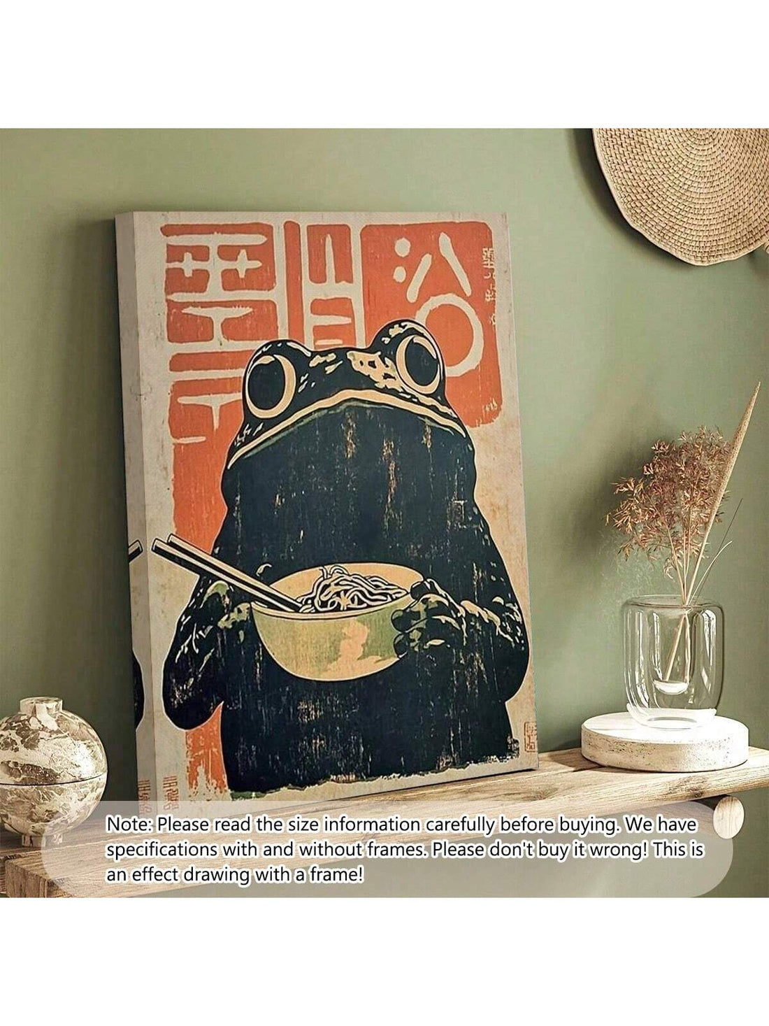 Enhance your living or bedroom space with this vintage Japanese style canvas art print featuring a charming frog enjoying a bowl of ramen. This unique wall decor blends traditional Japanese aesthetics with whimsical design, creating a focal point that adds character and cultural flair. Printed on high-quality canvas, it offers durability and vibrant colors, making it a sophisticated choice for art lovers and those seeking to personalize their interiors with a touch of playful elegance.