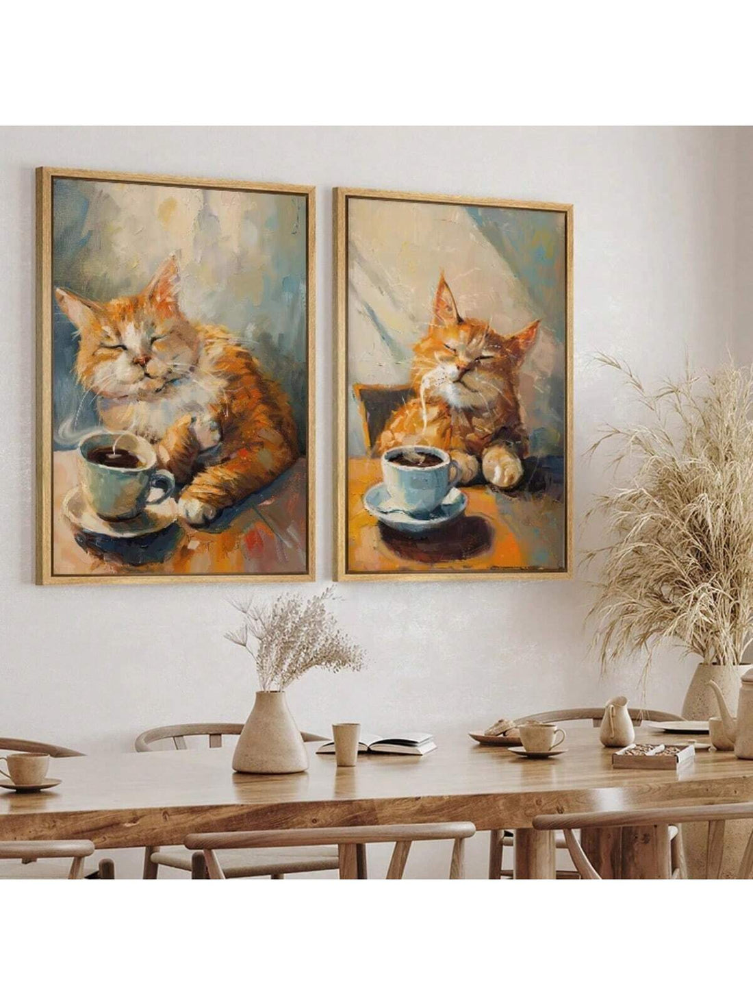 Bring warmth and whimsy to your living room with this charming canvas art featuring an adorable orange cat surrounded by sunflowers. Blending playful coffee-themed elements with vibrant colors, this piece enhances any space with a cozy, inviting atmosphere. Perfect for cat lovers and art enthusiasts alike, it offers a unique focal point that brightens your décor while reflecting a love for comfort and nature.