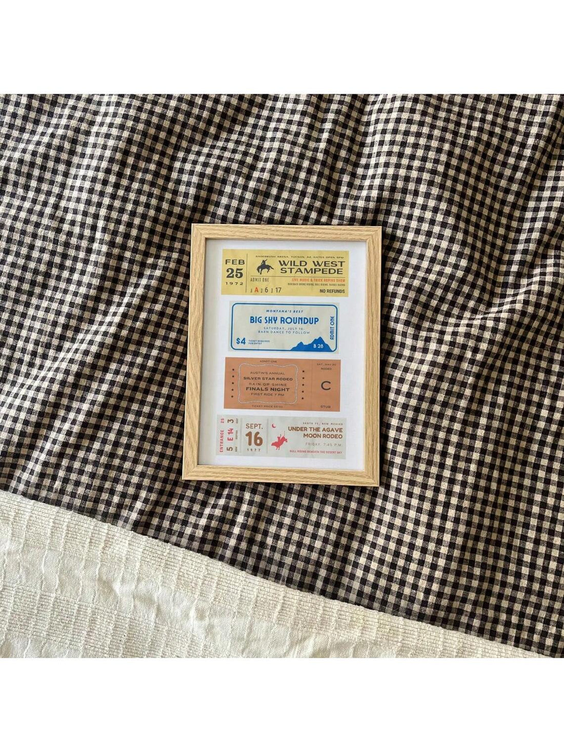 Capture the spirit of the 1970s American West with this Vintage Rodeo Ticket Wall Art. Featuring an authentic rodeo ticket design, this print adds a nostalgic and rustic charm to your home decor. Ideal for those who appreciate Western heritage, it brings a unique vintage touch to any room, evoking memories of classic rodeo events with subtle, timeless style. Perfect for accentuating a rustic or farmhouse-inspired space with expert flair.