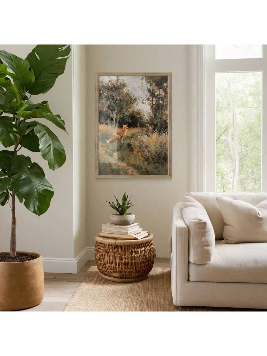 Bring timeless elegance to your dining room with this stunning vintage fox oil painting. Rendered in rich, multicolored tones, this giclee wall art captures the charm of traditional English garden aesthetics with pastoral sophistication. Available as both a framed picture and unframed canvas, this versatile piece adapts to your décor preferences. The waterproof canvas ensures durability and longevity, making it perfect for any interior space. Whether you're a collector of classic wildlife art or seeking a s