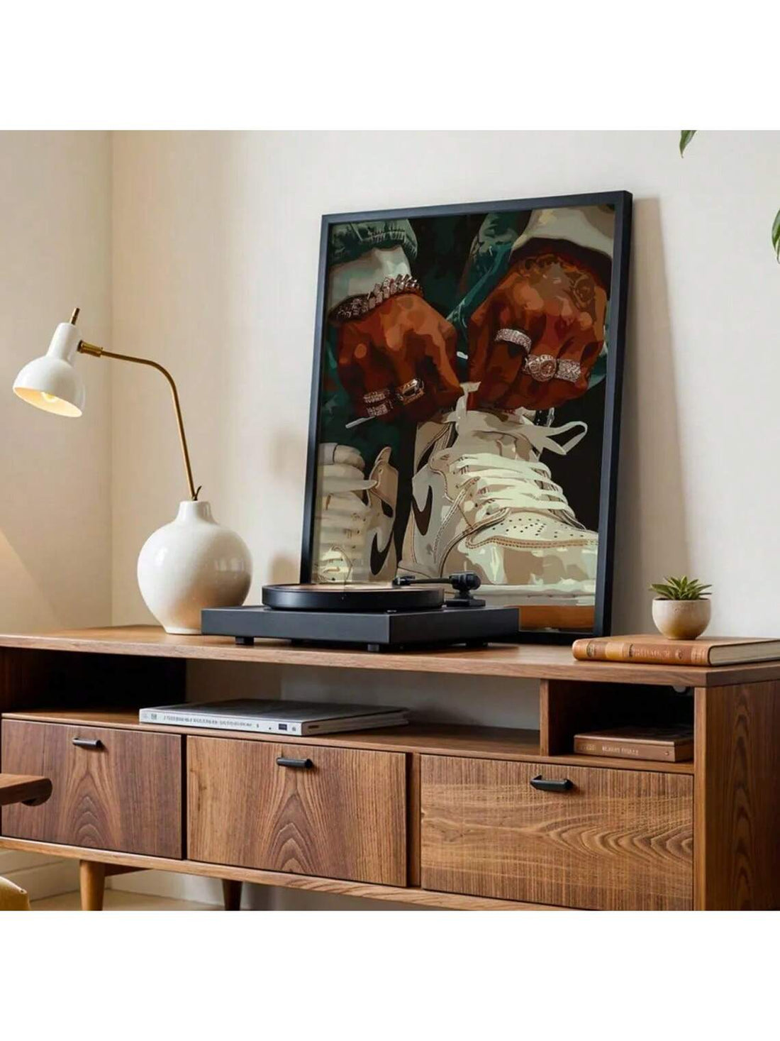 Celebrate contemporary street culture with this Modern Sneaker Fan Art Print, designed to elevate men's spaces. This unframed urban wall décor captures the essence of sneaker culture through striking, minimalist artwork, making it a versatile addition to any room. Its clean lines and modern aesthetic add a sophisticated yet edgy touch, perfect for enthusiasts seeking to personalize their environment while showcasing their passion for iconic footwear styles.