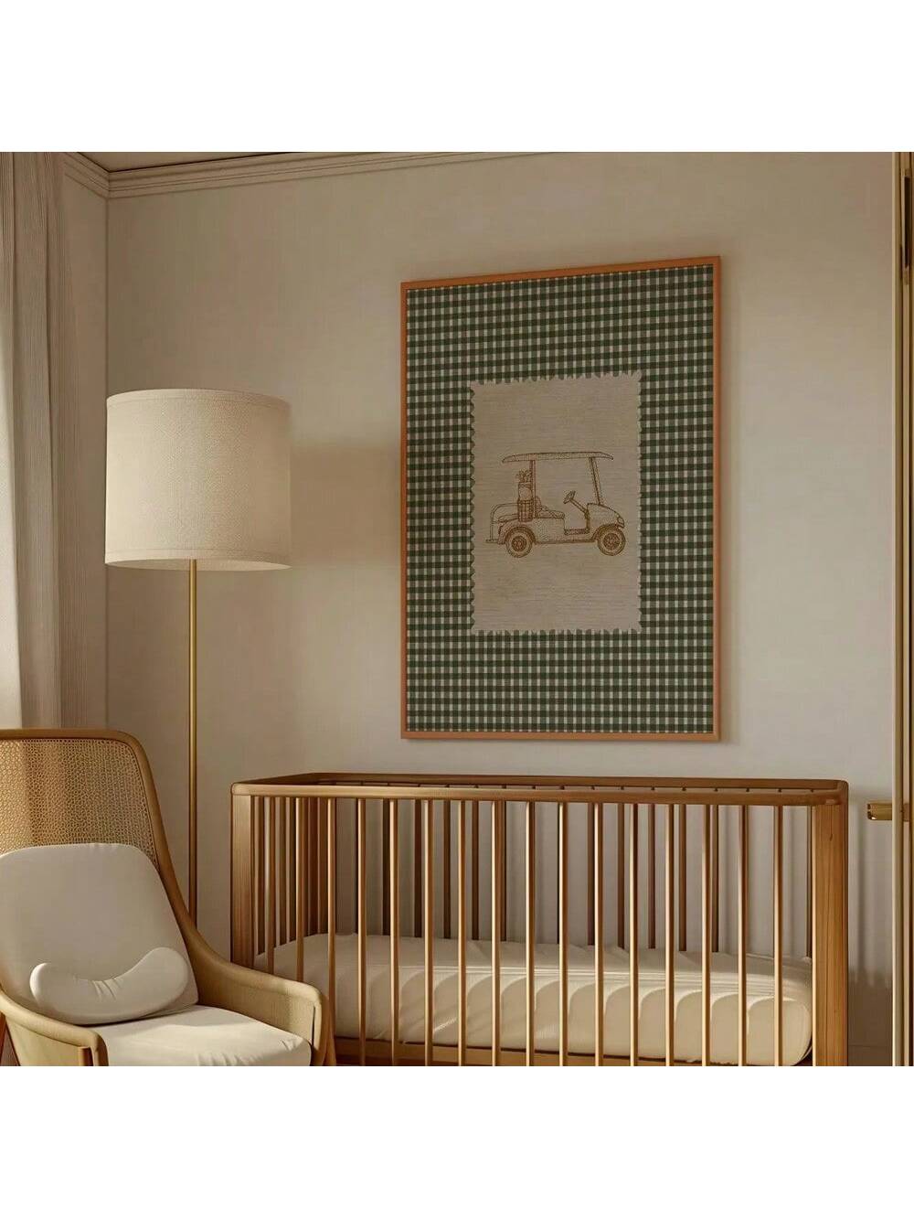 Add a touch of playful charm to your child's room with this Green Gingham Golf Cart Canvas Print. Its soft green gingham pattern and whimsical golf cart design create a soothing yet engaging atmosphere, ideal for nurseries and kids' spaces. Crafted on high-quality canvas, this print offers durability and vibrant color retention, making it a lasting decorative piece that complements a variety of nursery themes. Perfect for parents seeking expert-approved, stylish wall art that combines fun and subtlety in on