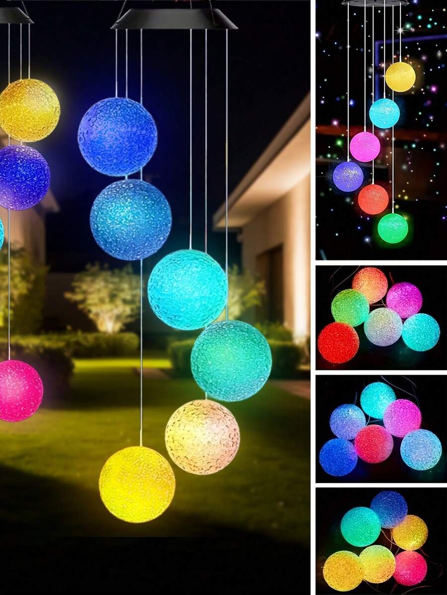Solar color changing wind chimes with RGB rose ball lights glowing outdoors
