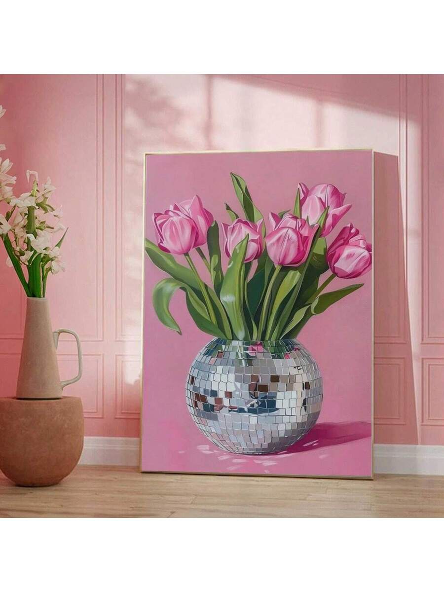 Transform your dining room with this striking canvas wall art featuring a chic pink tulip design paired with a shimmering disco ball motif. The modern geometric and graphic pattern brings contemporary flair to any space. Available in versatile multicolor tones, this piece works beautifully as a framed picture, unframed painting, or scroll painting to suit your décor style. Crafted from durable canvas with waterproof properties, it's built to last while remaining easy to remove and reposition. Perfect for ad