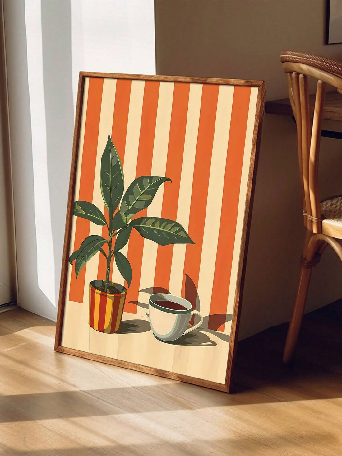 Elevate your space with this Vintage Retro Midcentury Wall Art Print, featuring warm stripes alongside coffee and plant motifs. Crafted on high-quality canvas, it brings a sophisticated blend of nostalgia and modern comfort to any home or office. Its timeless design enhances ambiance while complementing diverse decor styles, making it an ideal choice for those seeking both aesthetic appeal and subtle warmth in their environment.