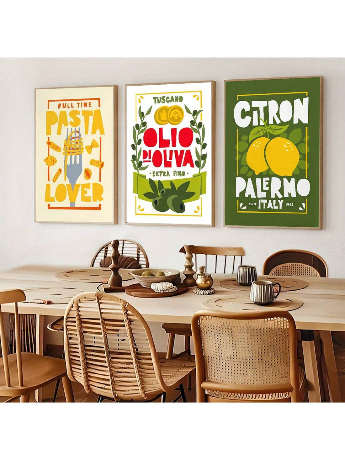 Enhance your dining area with this elegant 3-piece set of unframed kitchen canvas art prints, showcasing vibrant images of pasta and lemons. Designed to bring a fresh and inviting atmosphere, these prints add a tasteful culinary touch to your home decor. Their versatile style complements various interior themes, making them an expert choice for elevating your kitchen or dining space ambiance.