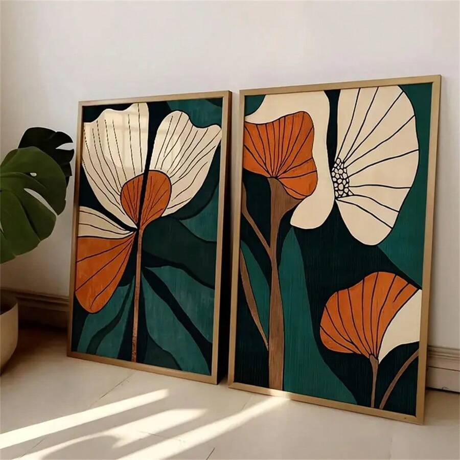 Close view green orange abstract leaf wall art poster