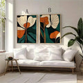 Botanical mid century wall art print with teal orange and black leaves