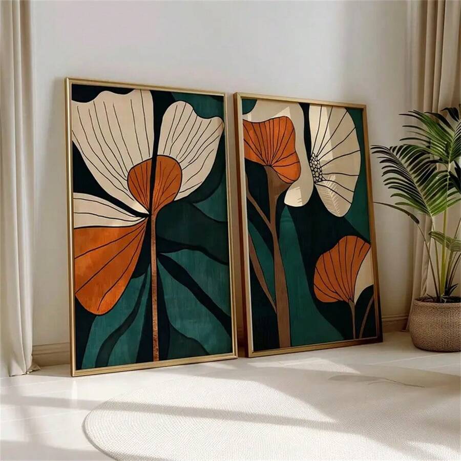 Green and burnt orange botanical wall art set above neutral sofa