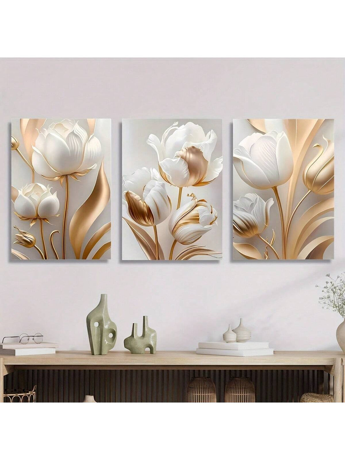 Transform your living space with our Elegant Floral Wall Art Set featuring sophisticated white and gold tulip canvas prints. These modern pieces blend contemporary design with timeless floral elegance, creating a focal point that elevates any room's aesthetic. Meticulously crafted to enhance chic interior designs, this collection offers the perfect balance of subtle luxury and artistic refinement for discerning homeowners seeking to make a statement with their décor choices.