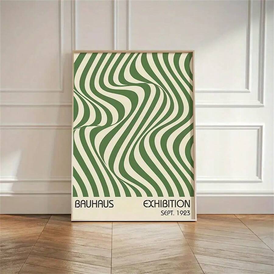 Green and cream wavy stripe Bauhaus poster in a black frame