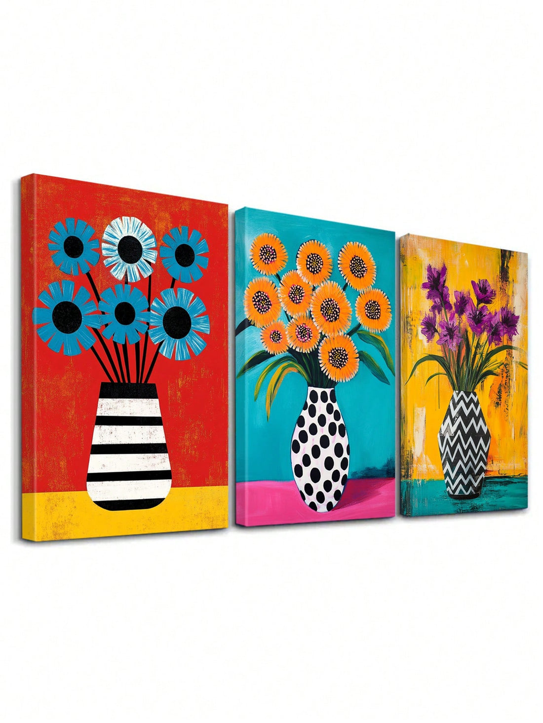 Transform your living space with this striking three-piece canvas art collection featuring bold, contemporary floral designs. Each canvas showcases vibrant color palettes that complement modern interiors while adding visual depth and personality to any room. The set's cohesive yet dynamic composition works beautifully as a gallery wall or distributed throughout your home.