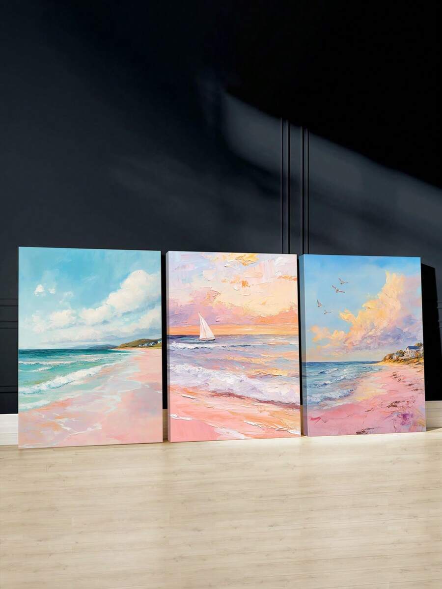 3-piece pastel coastal canvas wall art set with beach ocean waves sailboat clouds and pink sand