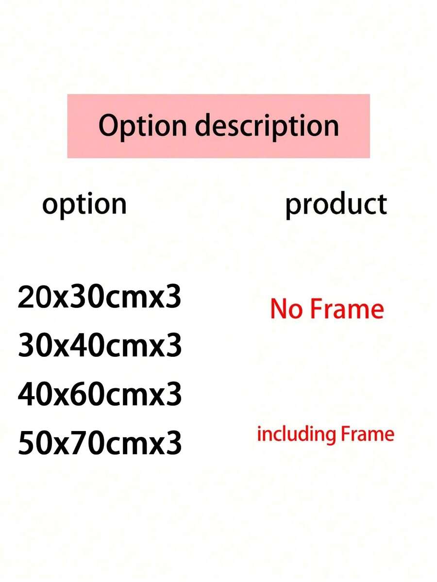 Size option chart for 3-piece wall art set from 20x30cmx3 to 50x70cmx3 no frame or including frame