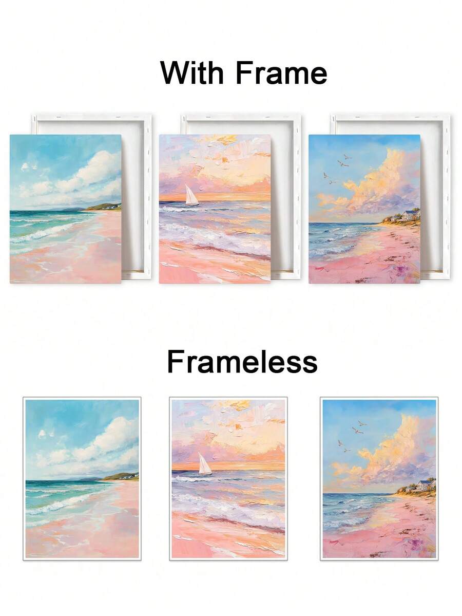 Framed and frameless option comparison for three pastel beach canvas prints
