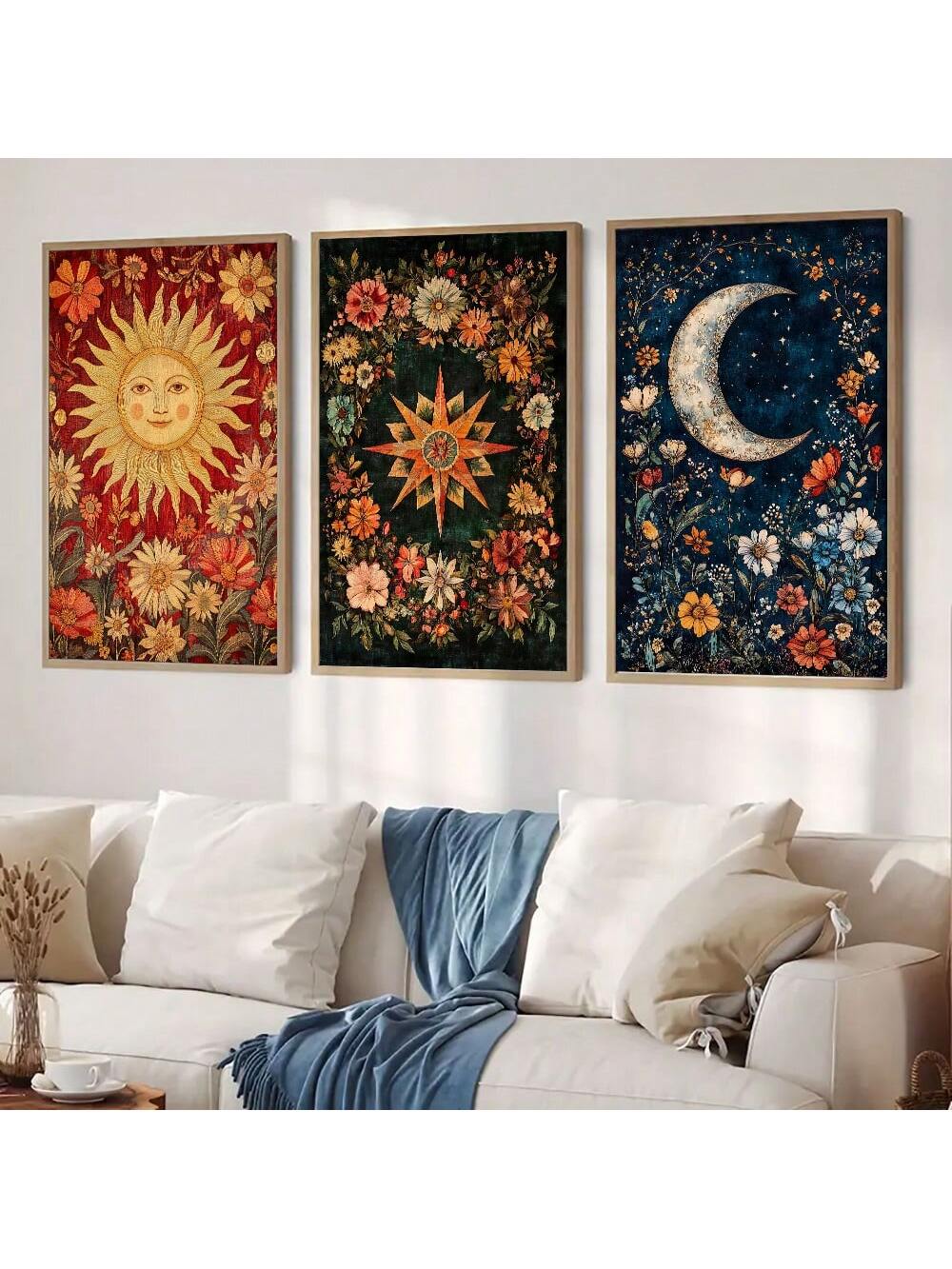 Transform your space into a sanctuary of cosmic wonder with this enchanting Boho Celestial Wall Art Set. Featuring beautifully illustrated Sun, Moon, and Stars tarot card prints, each piece captures the mystique and spiritual essence of celestial symbolism. 
