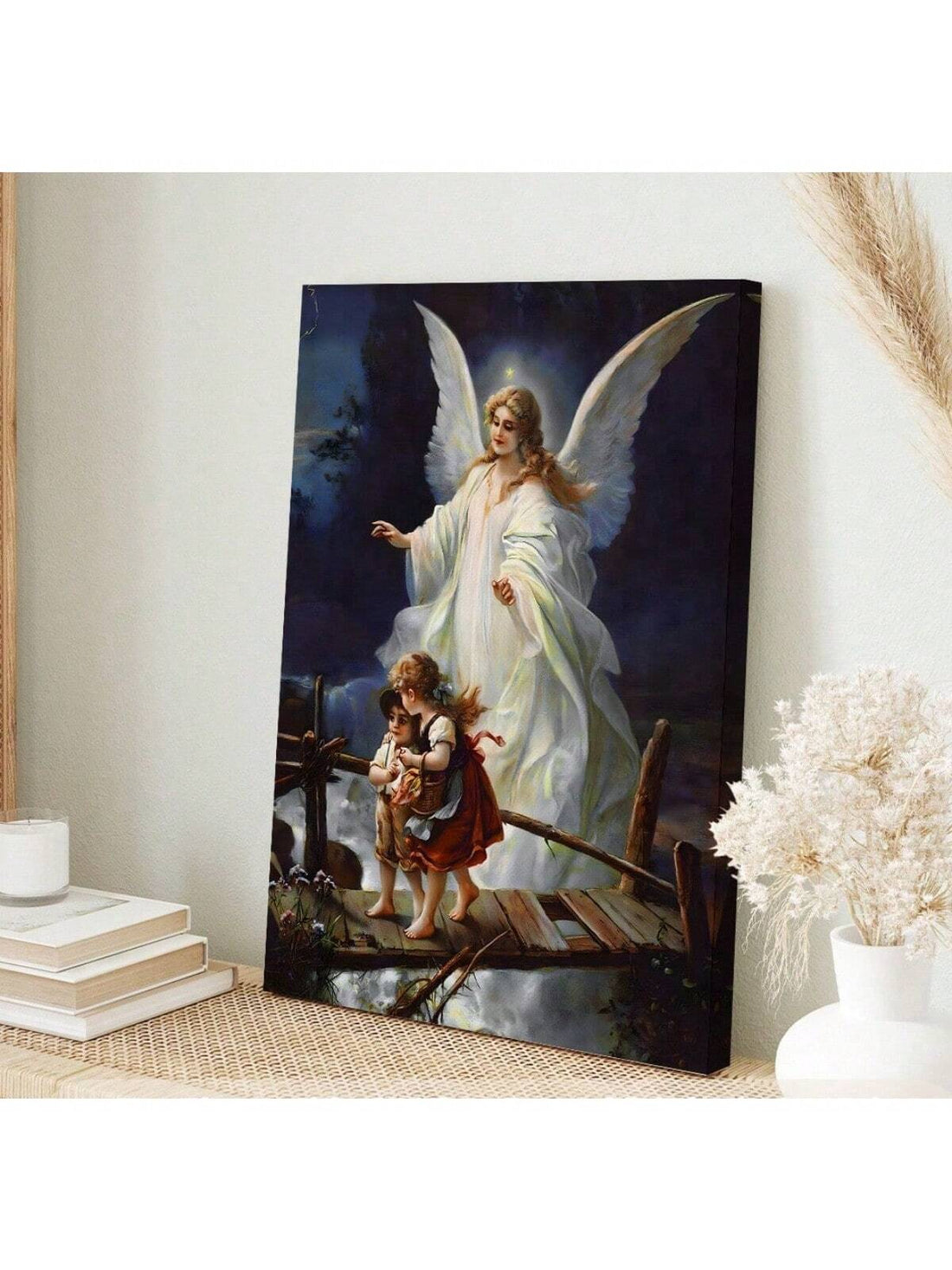 Guardian Angel Canvas Painting brings spiritual elegance to any space with its thoughtfully rendered imagery. This inspiring wall art serves as a meaningful focal point for bedrooms, living rooms, or meditation areas, combining aesthetic appeal with uplifting symbolism. The canvas construction ensures durability and vibrant color retention, while the timeless subject matter complements both contemporary and traditional interiors. Perfect for those seeking to infuse their home with positive energy and artist