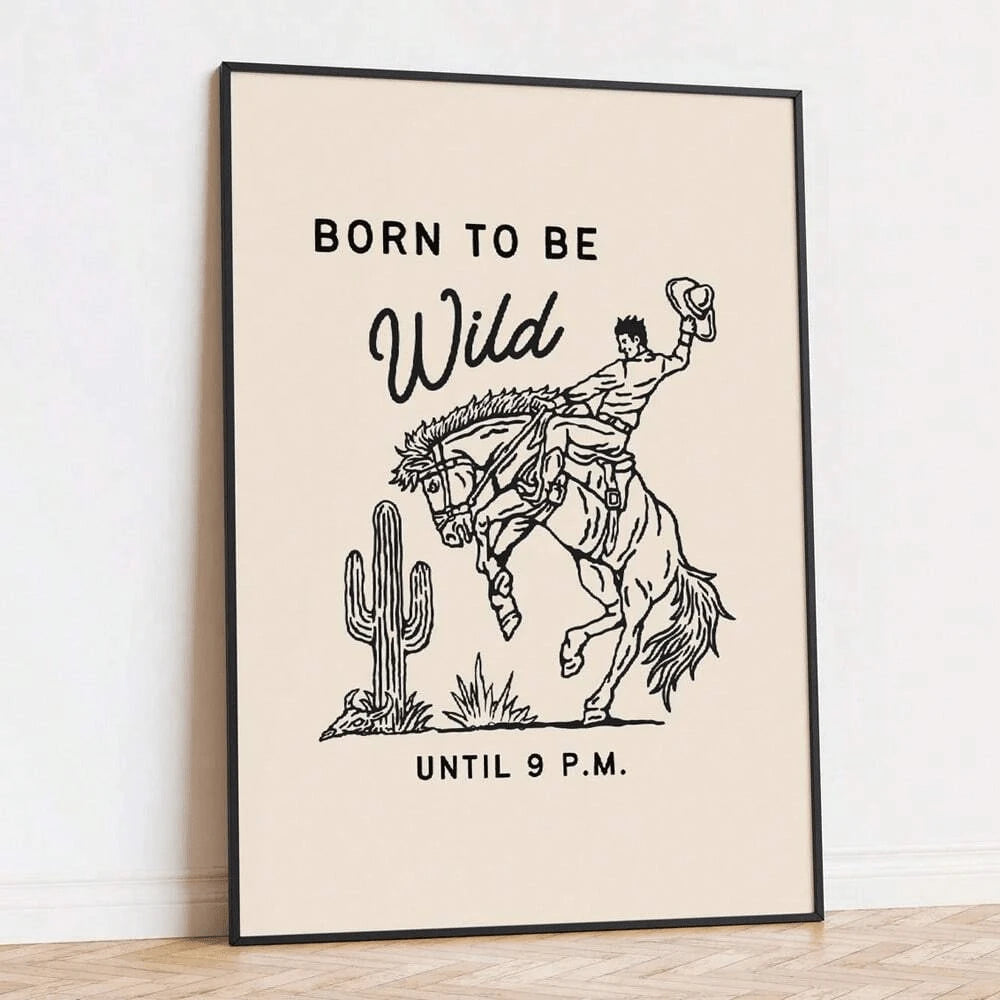 Born To Be Wild Western horse poster in a black frame with portrait display