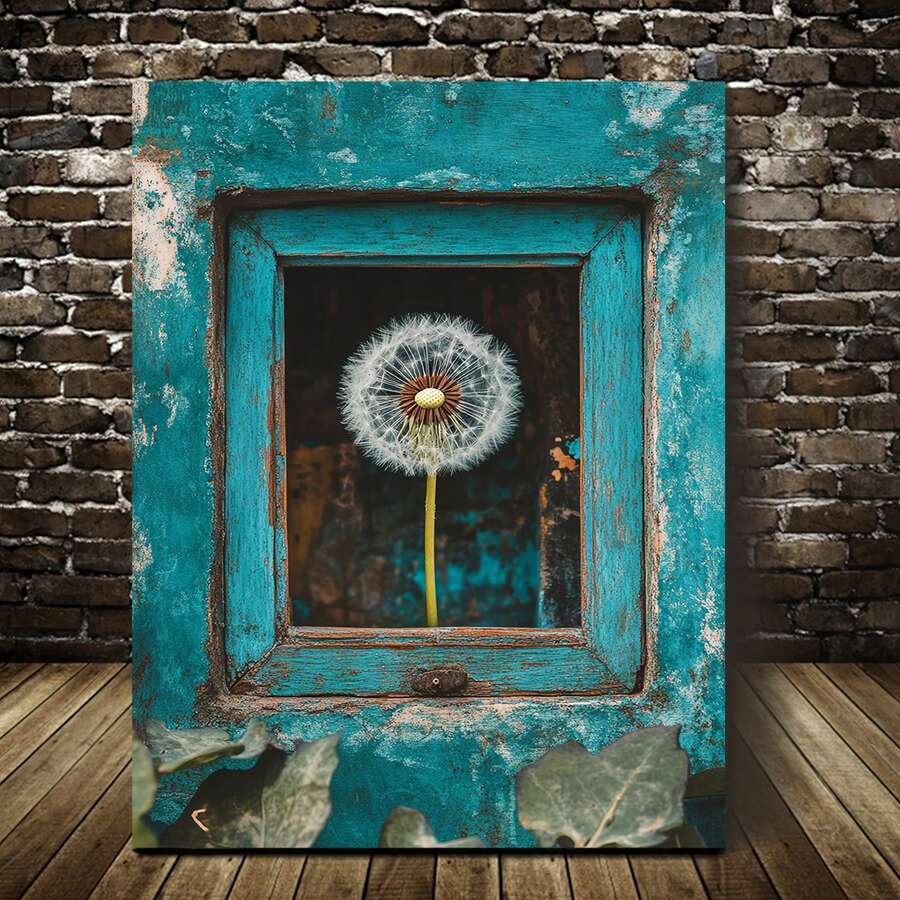 Rustic turquoise wall art showing white dandelion seed head in distressed blue frame