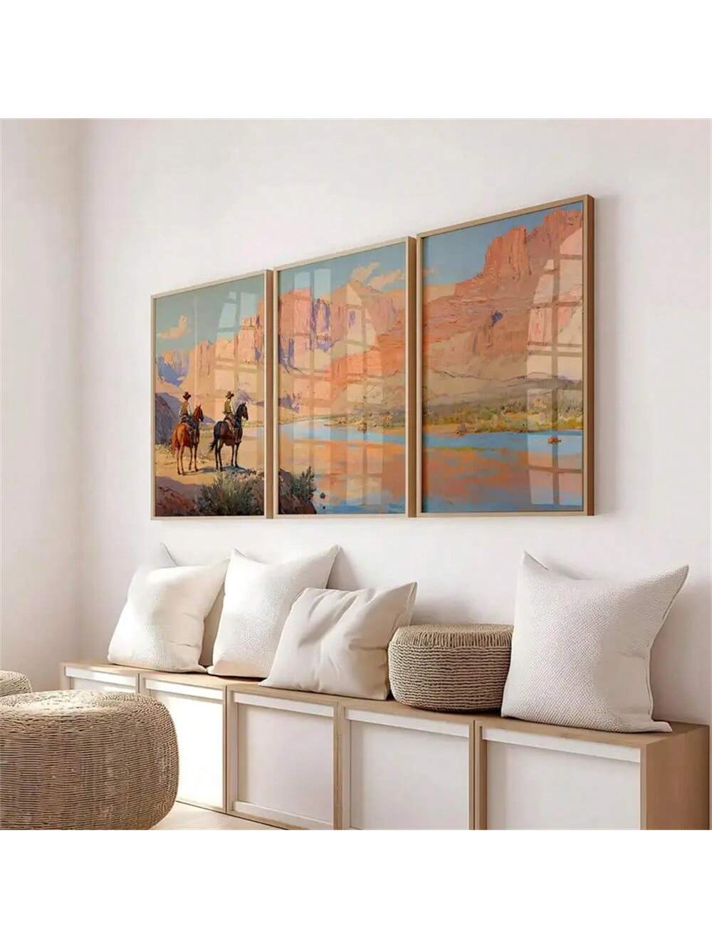 Elevate your living space with this Vintage Western Cowboy Canvas Art Set, featuring expertly crafted horse and landscape prints that capture the timeless spirit of the Old West. These durable canvas pieces bring rustic charm and sophisticated style to any room, perfect for enthusiasts of Western heritage and nature alike. Designed to withstand the test of time, this set offers a refined way to showcase cowboy culture with understated elegance in your home decor.