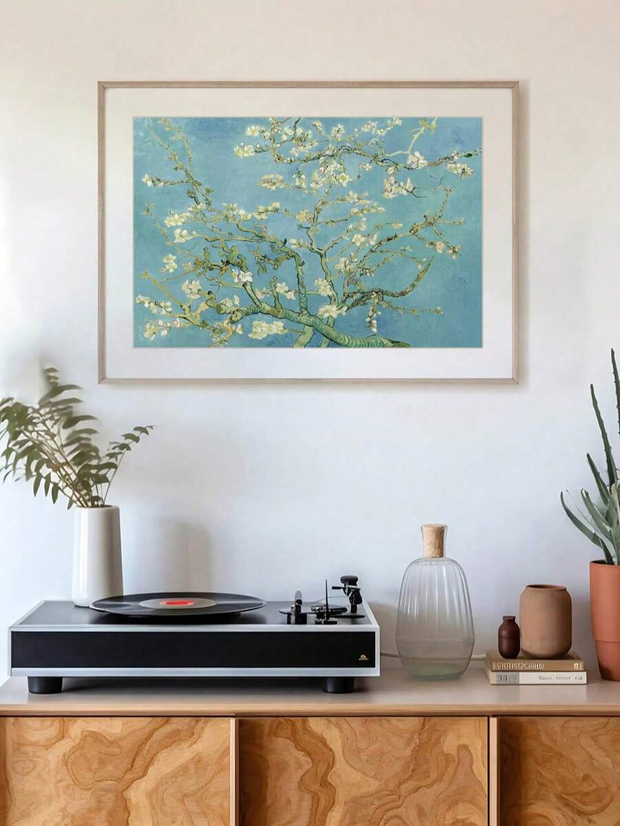 Blue floral canvas set five staggered panels on dining room wall