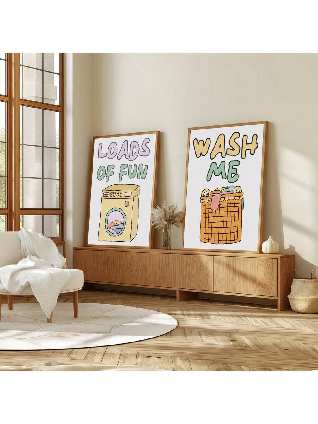 Add a touch of humor and style to your laundry space with this charming set of two minimalist posters. Featuring retro-inspired cartoon designs, these unframed prints bring a playful yet sophisticated vibe to your laundry room décor. Perfect for brightening up the space while keeping the aesthetic clean and modern.