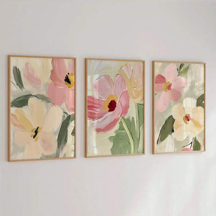 Transform your space with this stunning set of three frameless botanical wall art pieces. Each canvas features abstract wildflower designs in vibrant multicolor tones, perfect for adding natural elegance to any room. The modern aesthetic complements living rooms, bedrooms, and home offices alike.
