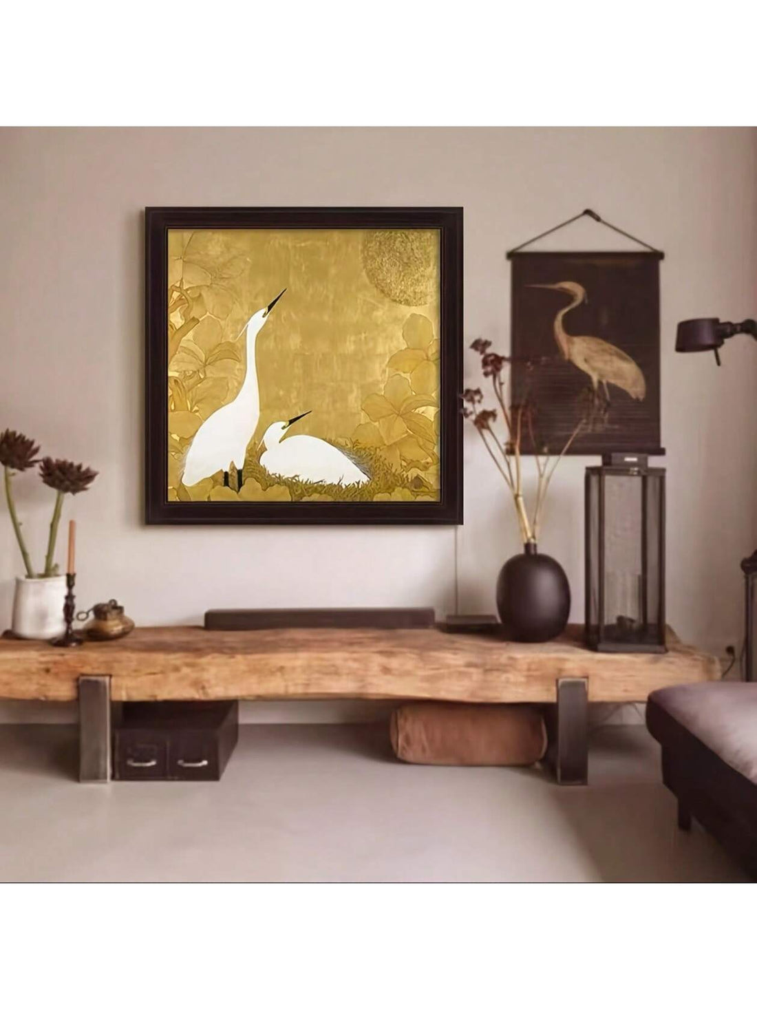 Elevate your space with this Elegant Golden and White Vintage Crane Canvas Print. Featuring a refined floral design and graceful crane imagery, this artwork adds a timeless charm to living rooms, bedrooms, bars, or cafes. Its subtle gold and white palette complements diverse decor styles, creating a sophisticated focal point that enhances ambiance with understated elegance. Crafted on high-quality canvas, it ensures lasting beauty and visual appeal.