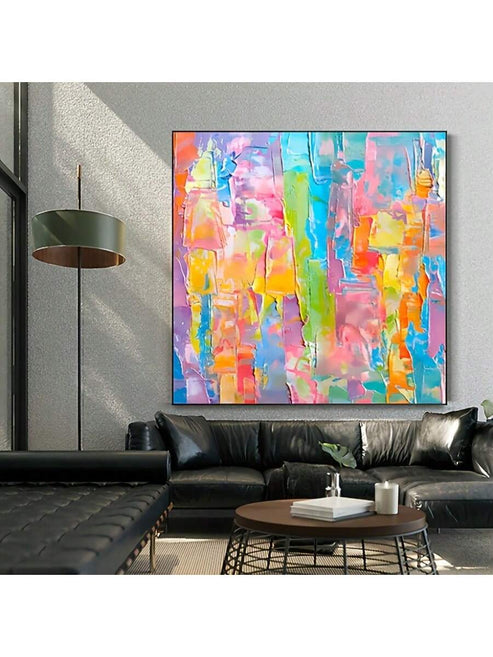 Vibrant colorful geometric abstract oil painting print for modern home office and cafe decor