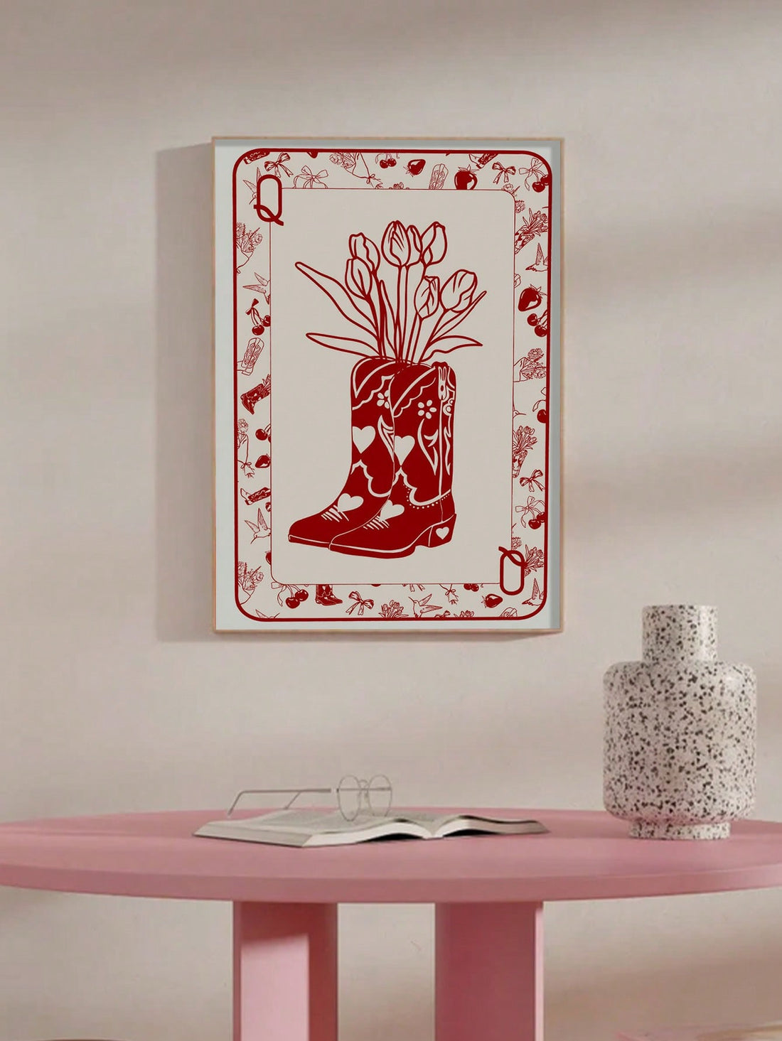Celebrate timeless Western charm with this Vintage Queen of Hearts digital wall art. Featuring a retro cowgirl adorned with a cherry print and floral boots, this unframed piece adds a nostalgic yet stylish touch to any space. Perfect for enthusiasts of vintage decor, it brings character and warmth to your home or office with its unique blend of classic motifs and vibrant details. Easy to customize and print, it offers versatile decorating options for those who appreciate expert craftsmanship and distinctive