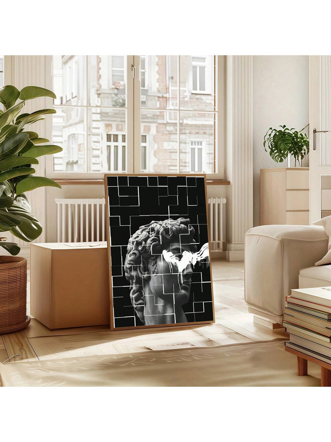 This Avant-Garde Black and White Abstract Statue Canvas Art offers a striking focal point for contemporary interiors. Its monochromatic palette and abstract form create a sophisticated visual impact, enhancing both modern homes and professional office spaces.