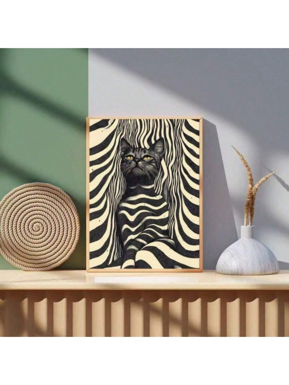 Transform your space with this striking modern abstract canvas art featuring a zebra-striped cat design. The bold black and white composition creates dramatic visual interest while maintaining sophisticated minimalist appeal. 