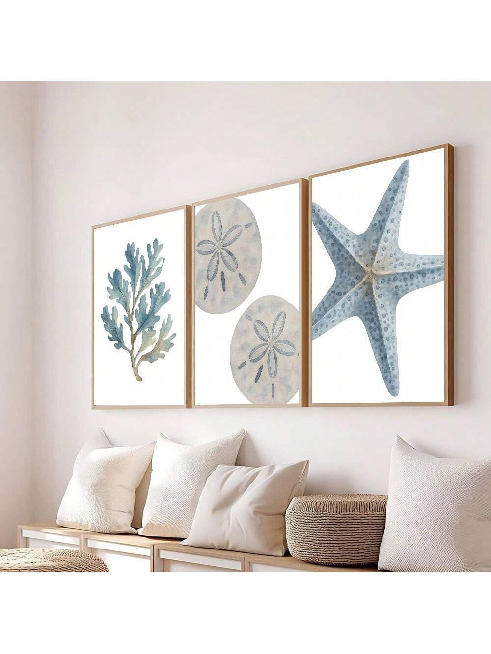 Enhance your living space with this set of three unframed blue coastal ocean wall art prints. Featuring marine life themes, these prints bring a serene and modern touch to any home. Their versatile design complements contemporary interiors, adding depth and tranquility inspired by the ocean. Perfect for creating a cohesive coastal ambiance without the need for framing, these prints offer an effortless way to elevate your décor.