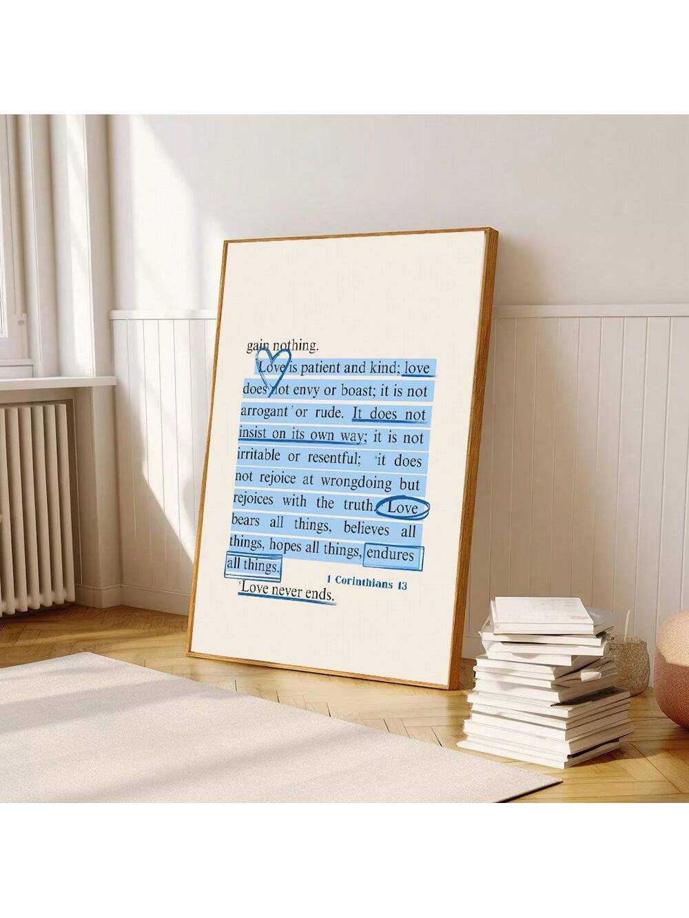 Elevate your living space with this frameless blue canvas featuring a minimalist Christian love quote. Designed for modern home decor, this scripture print offers a serene and inspiring focal point that complements any room. Its clean, borderless design enhances the message’s clarity, making it a meaningful addition for those seeking faith-based art with contemporary style.