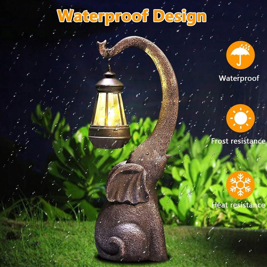 Solar garden statue feature graphic with charging time and 8 to 10 hour working time.