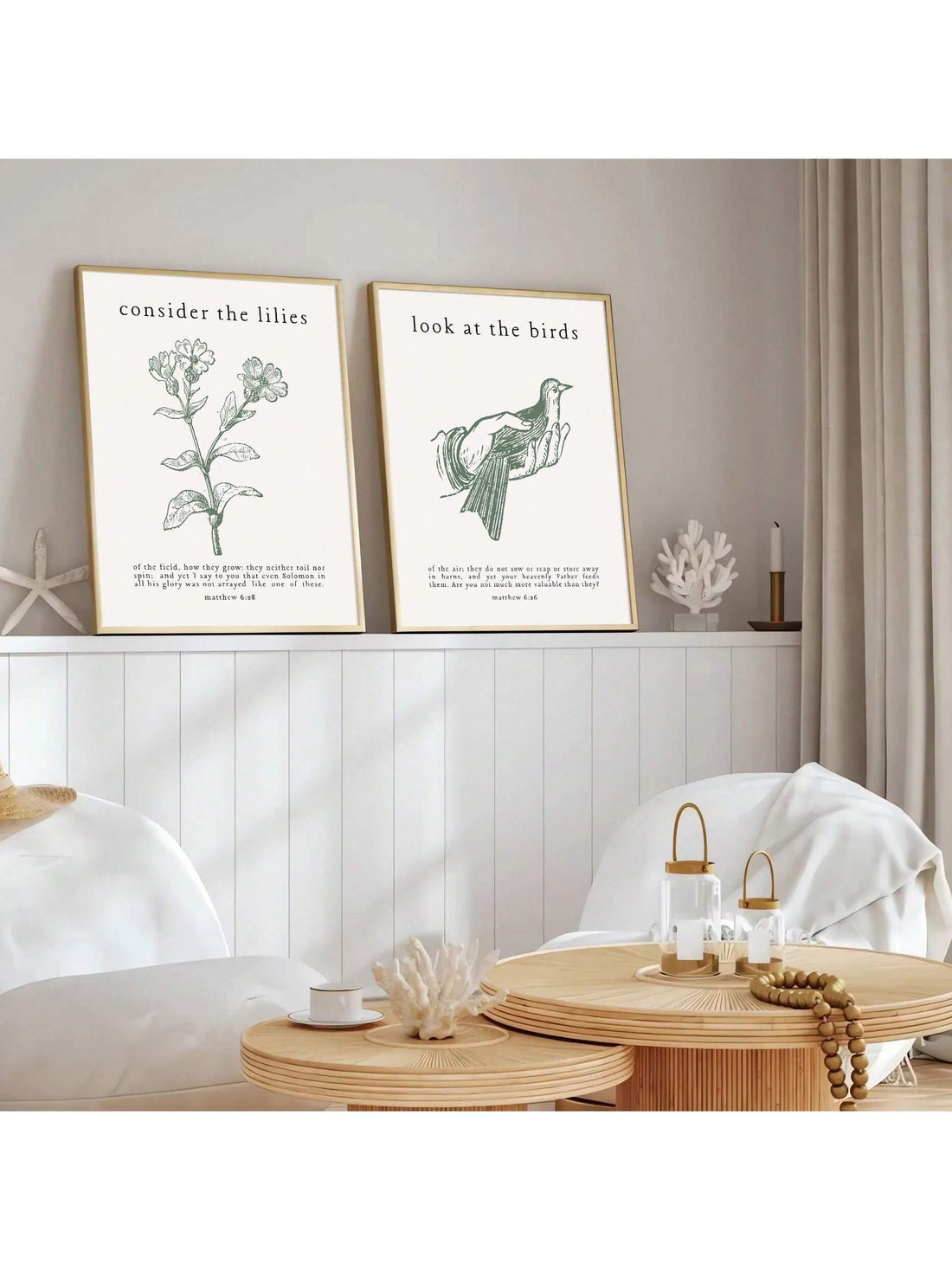 Elevate your living space with this Frameless Green Birds &amp; Lilies Wall Art Set, featuring minimalist canvas prints that seamlessly blend nature-inspired design with meaningful Bible verses. Crafted without frames, these prints offer a clean, modern aesthetic ideal for contemporary home decor. The subtle green hues and delicate floral and bird motifs create a calming atmosphere, while the inspirational scripture adds depth and reflection to your environment. Perfect for those seeking a sophisticated yet
