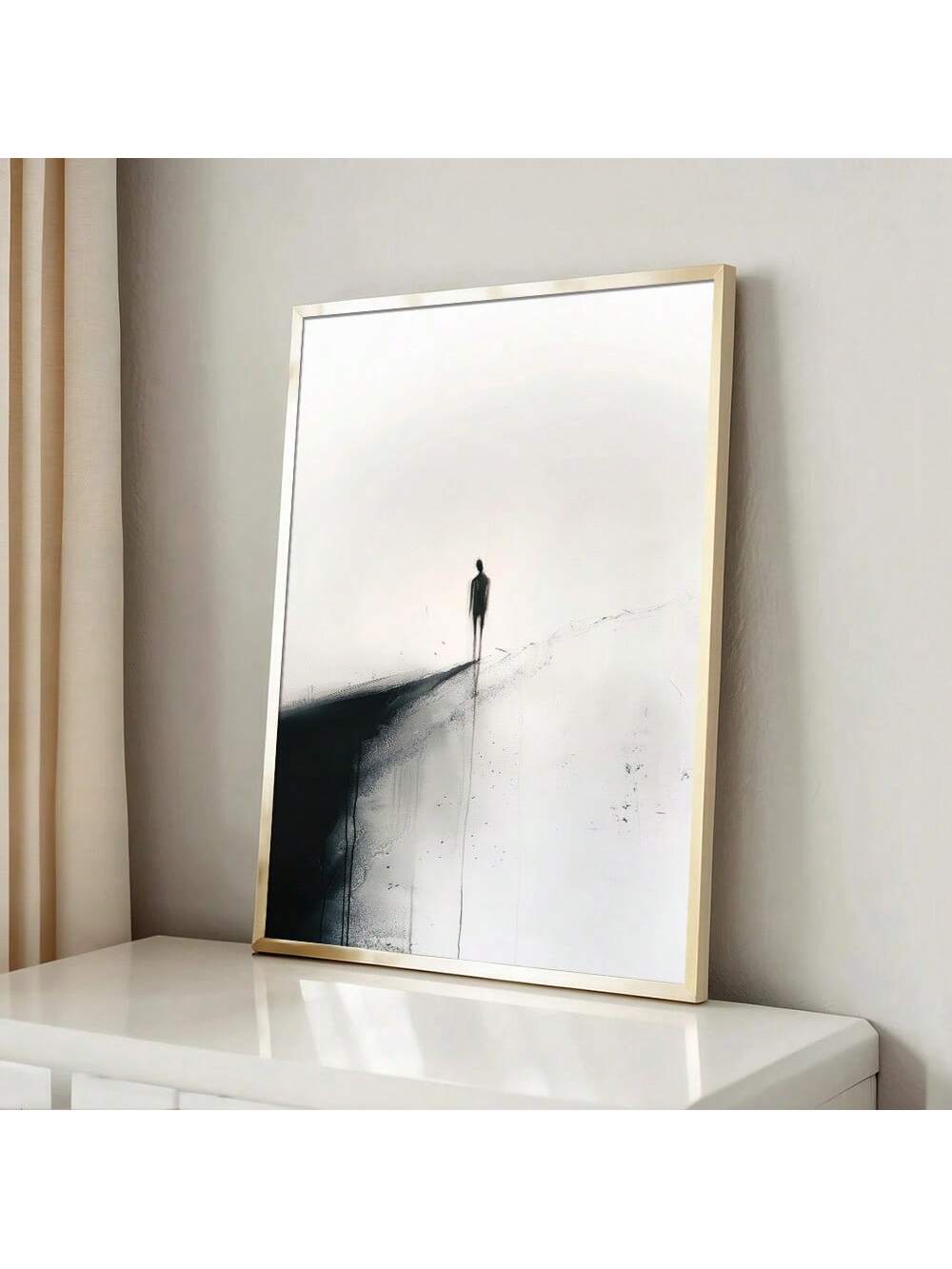 Elevate your living space with this frameless black and white abstract figure canvas print. Its minimalist design captures emotional depth through simple yet striking lines, making it an ideal piece for modern home decor. The absence of a frame enhances its contemporary appeal, allowing the artwork to seamlessly blend into any room while adding a sophisticated artistic touch. Perfect for those seeking subtle elegance and expressive art in their interiors.