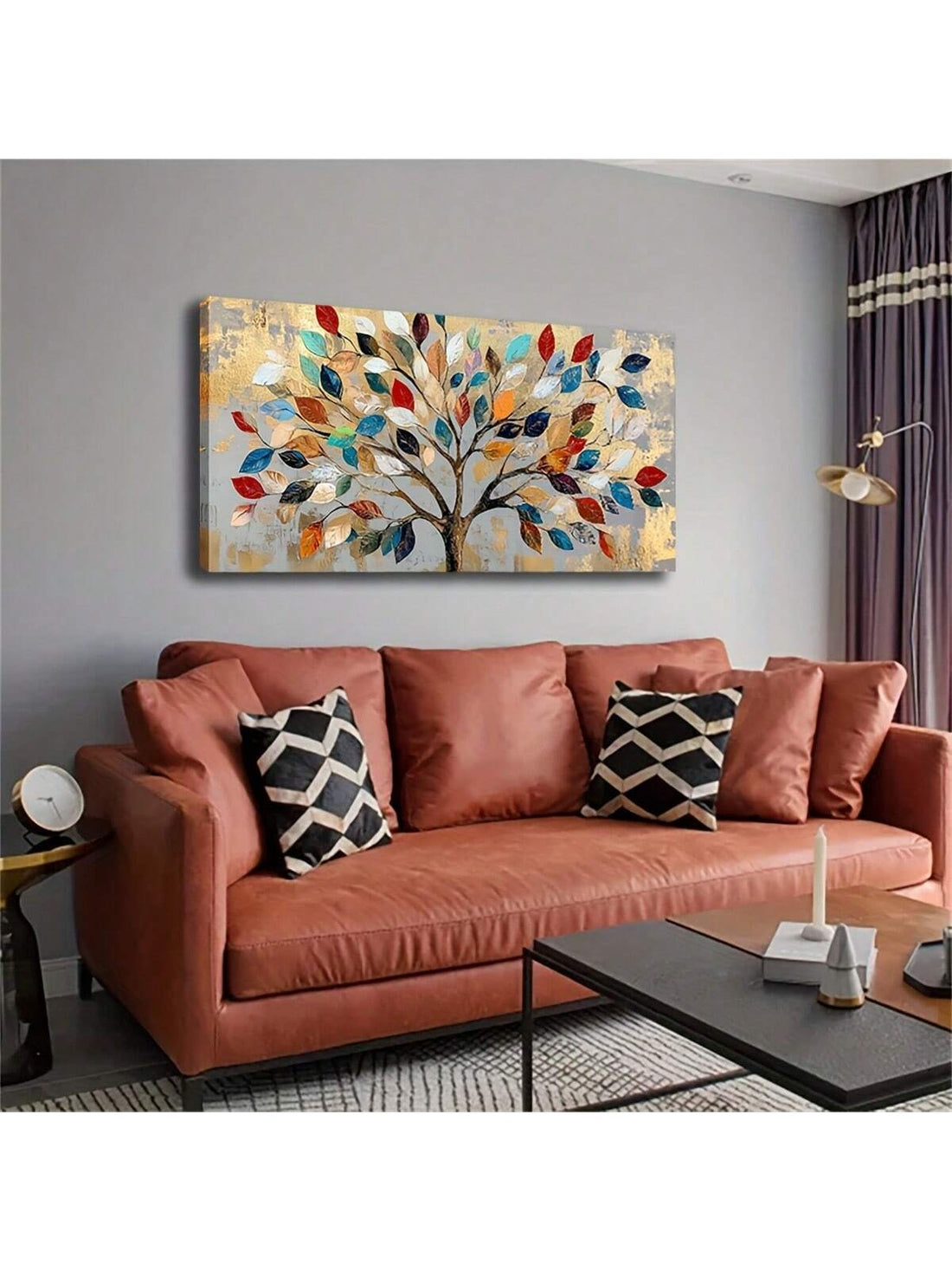 Elevate your space with this vibrant modern canvas wall art featuring a colorful tree design enhanced by subtle golden accents. Perfectly suited for living rooms, bedrooms, or home offices, this piece adds a sophisticated yet lively touch to your decor. The dynamic color palette and refined metallic highlights create a balanced focal point that complements contemporary interiors while inspiring creativity and warmth. Crafted for durability and visual impact, it transforms any room into an inviting and styli