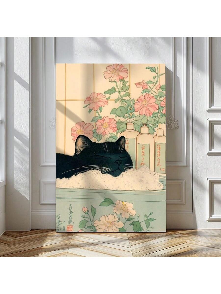 Elevate your living space with this framed canvas poster featuring a black cat immersed in a bath, set against a delicate floral background rendered in the traditional Ukiyo-E style. This artwork blends classic Japanese aesthetics with contemporary charm, making it an ideal piece for both living rooms and bedrooms.
