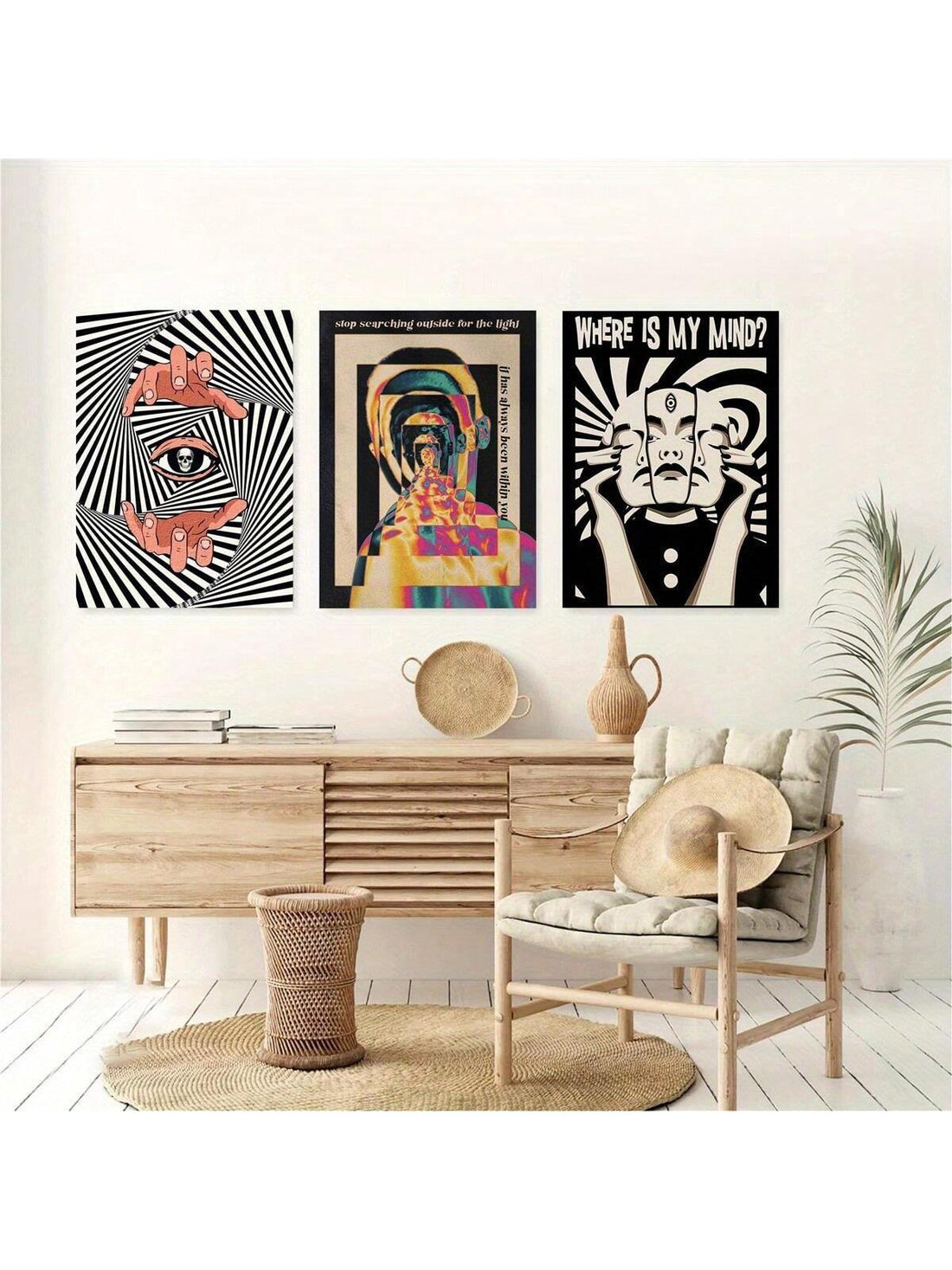 Elevate your interior with this expert-curated 3-piece canvas wall art set featuring captivating optical illusions. Designed to intrigue and inspire, each piece showcases a unique weird aesthetic that adds depth and conversation-starting appeal to any room. Perfect for those seeking distinctive, modern decor that challenges perception and enhances visual interest. Crafted with high-quality materials, this set ensures lasting vibrancy and style in your home environment.