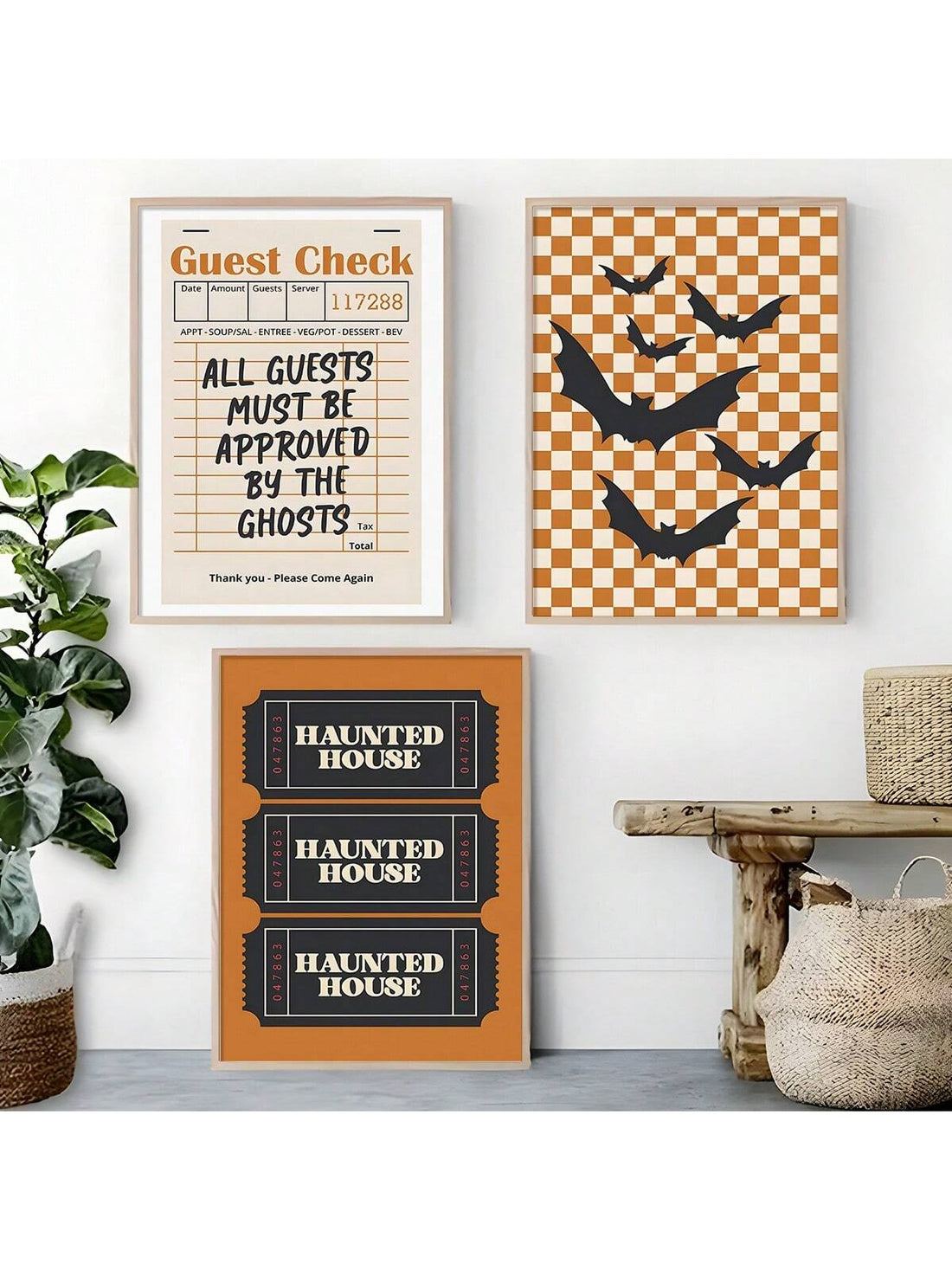Elevate your Halloween decor with this expertly curated 3-piece wall art set featuring a haunted house, flying bats, and vintage guest check prints. Designed to create a spooky yet stylish atmosphere, these prints bring a festive touch to any room. Perfect for those who appreciate detailed, thematic art that enhances seasonal ambiance with subtle sophistication.