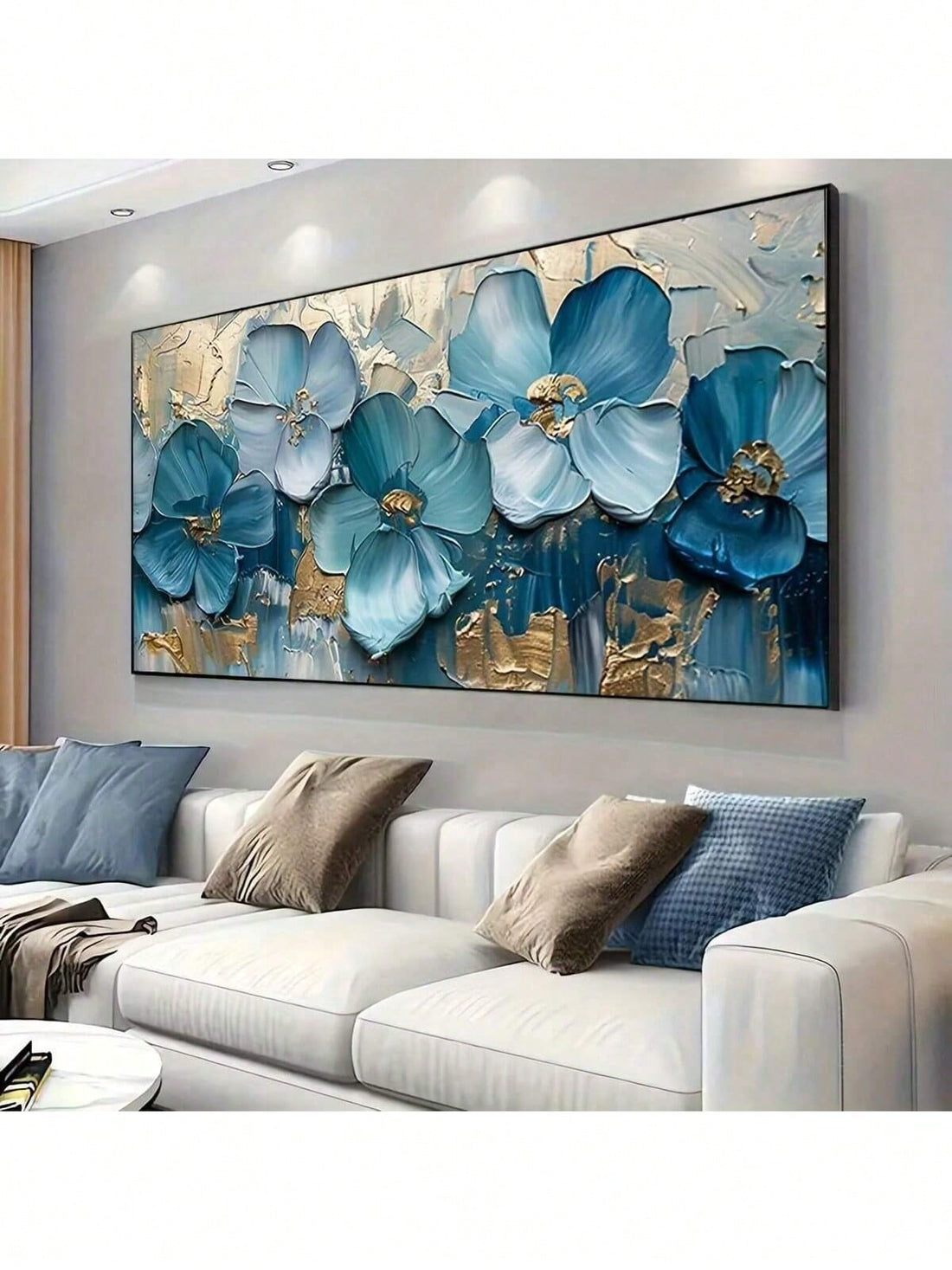 Elevate your living space with this stunning blue flower abstract oil painting on canvas. Expertly crafted, it combines vibrant hues and textured brushstrokes to create a captivating focal point. Perfect for adding a touch of elegance and artistic sophistication to any room, this artwork enhances your home decor with its modern yet timeless appeal.