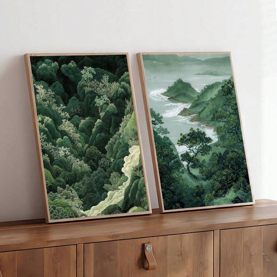 Bring serene Japanese aesthetics into your space with this elegant set of two minimalist zen art prints. Featuring a calming green forest scene and a tranquil mountain landscape, these unframed prints embody the simplicity and balance of traditional Japanese design.