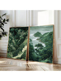 Bring serene tranquility into your space with this curated set of two minimalist posters inspired by Japanese aesthetics. Featuring lush green forest and mountain landscapes rendered in a clean, contemporary style, these unframed prints celebrate the principles of zen design through simplicity and balance. 